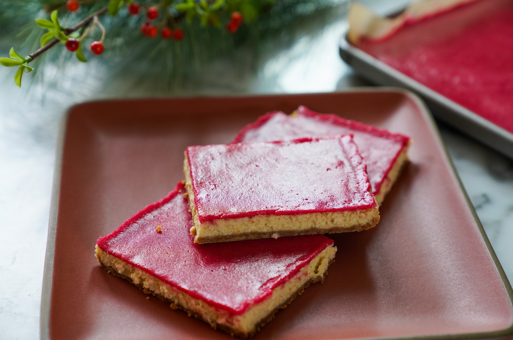Eggnog Cheesecake Slab Bars with Cranberry Gelee