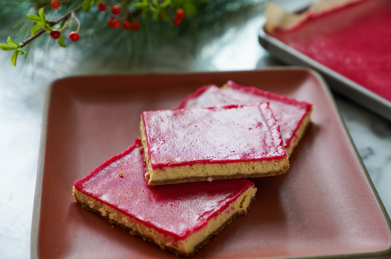 Eggnog Cheesecake Slab Bars with Cranberry Gelee