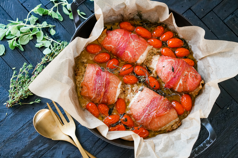 Roasted Chicken Roll Ups with Prosciutto, Dates and Goat Cheese